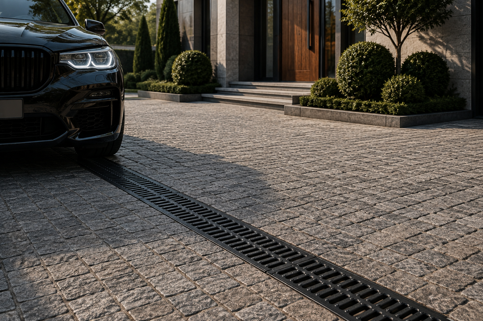 WTI stainless steel drainage channel set flush in a cobblestone driveway